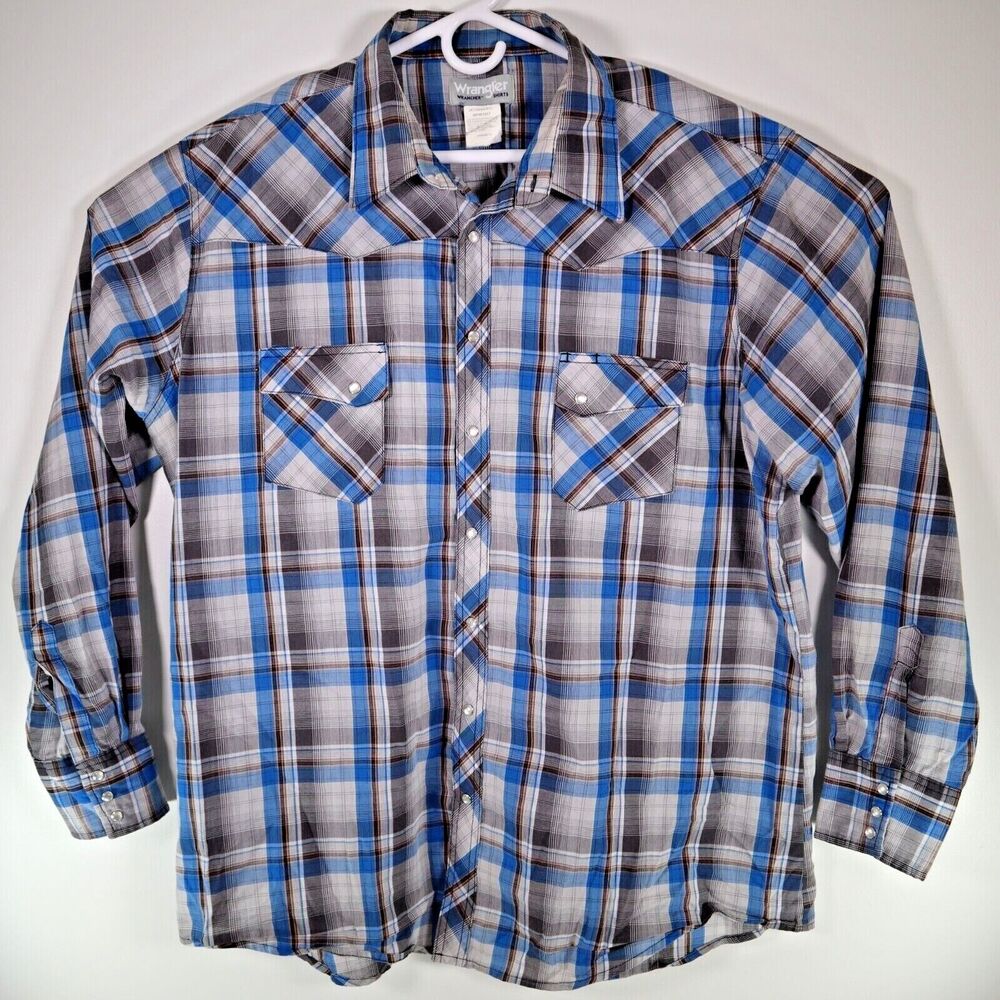 Wrangler‎ Wrancher Mens 2XT 2XLT Blue Orange Gray Plaid LS Pearl Snap Shirt